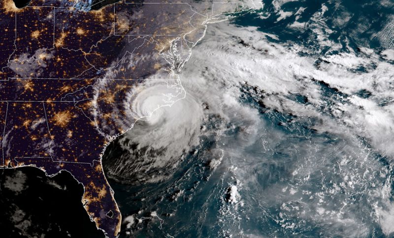 IN SPACE - SEPTEMBER 14:  In this NOAA satellite handout image , shows Hurricane Florence as it made landfall near Wrightsville Beach, North Carolina on September 14, 2018. The National Hurricane Center reported Florence had sustained winds of 90 mph at landfall and was moving slowly westward at 6 mph. (Photo by NOAA via Getty Images)