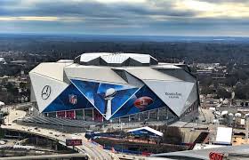 Mercedes Benz Stadium where Super Bowl LII is being played with New England Patriots and the Los Angeles Rams