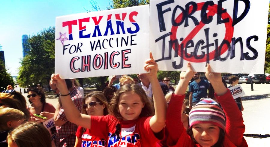 Protesters waving around posters in hopes of maintaining their choice to receive vaccinations. Photo courtesy of https://www.texansforvaccinechoice.com/