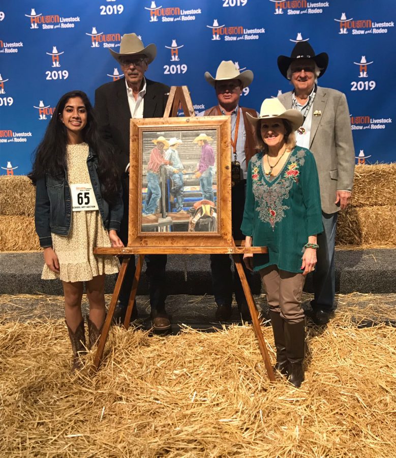 Maya Poduval alongside her painting, Waiting Our Turn, at the Houston Livestock and Rodeo event. Photo courtesy of the Klein Cain Art Twitter Page, @KleinCainArt