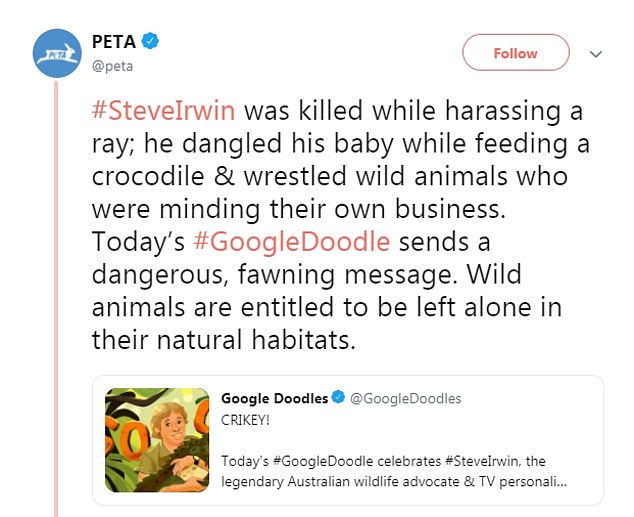A screenshot taken of the PETA tweet. Screenshot from Twitter