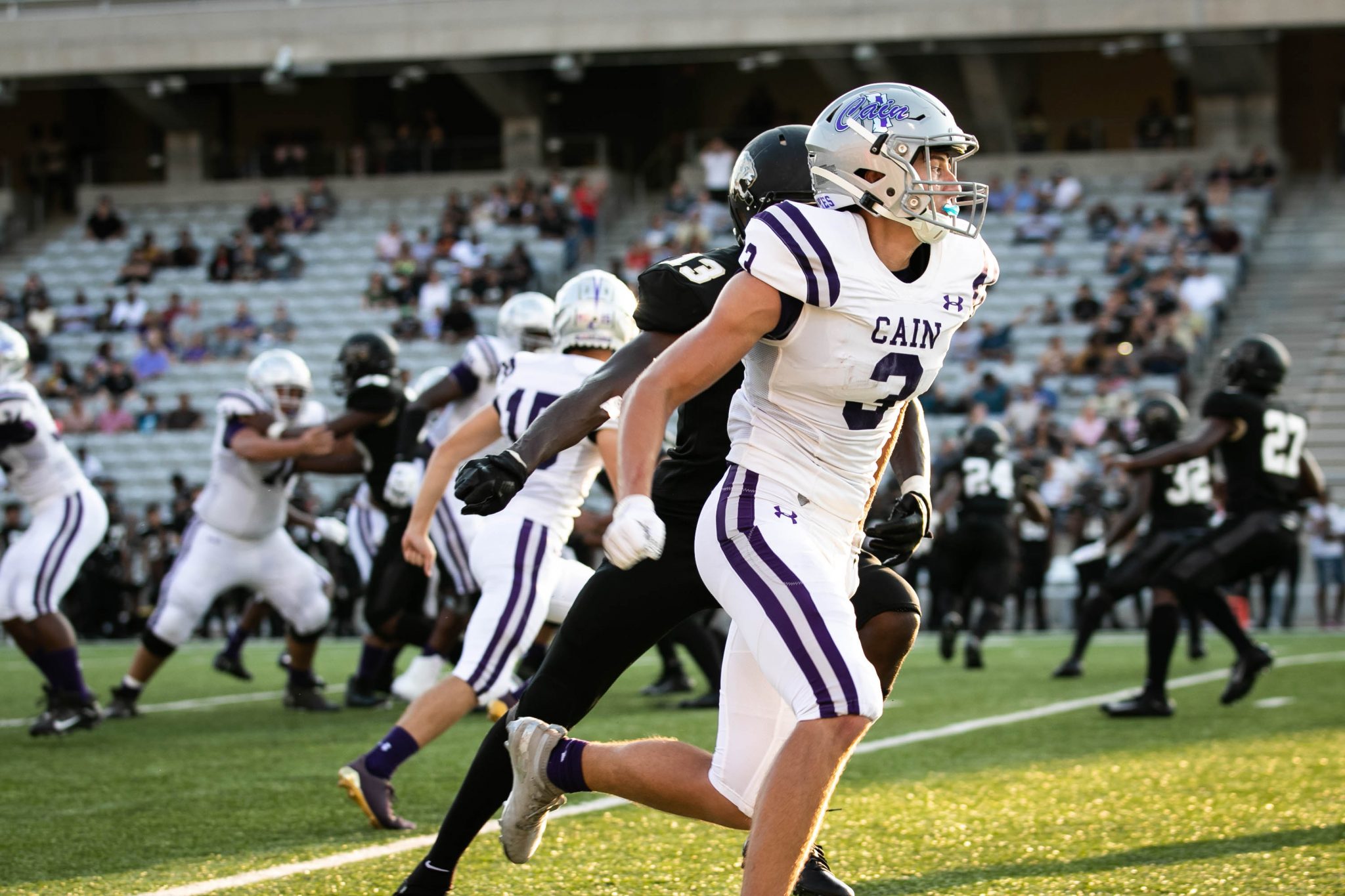 Wide receiver Cole Monago(3) running as he attempts to get open against Cy Park during a varsity football game at the Berry Center. Photo by: Zoe Rivers