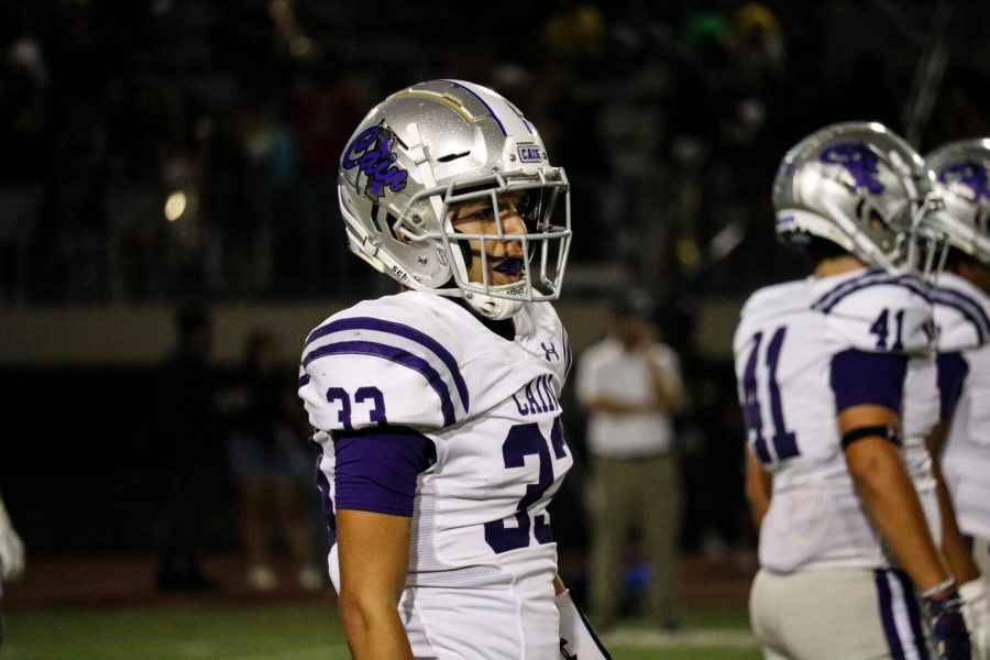 Jacob Munoz, a two-time cancer survivor finally playing on the field during a varsity football game on Oct. 18, 2019. Photo by: Enrique Paz