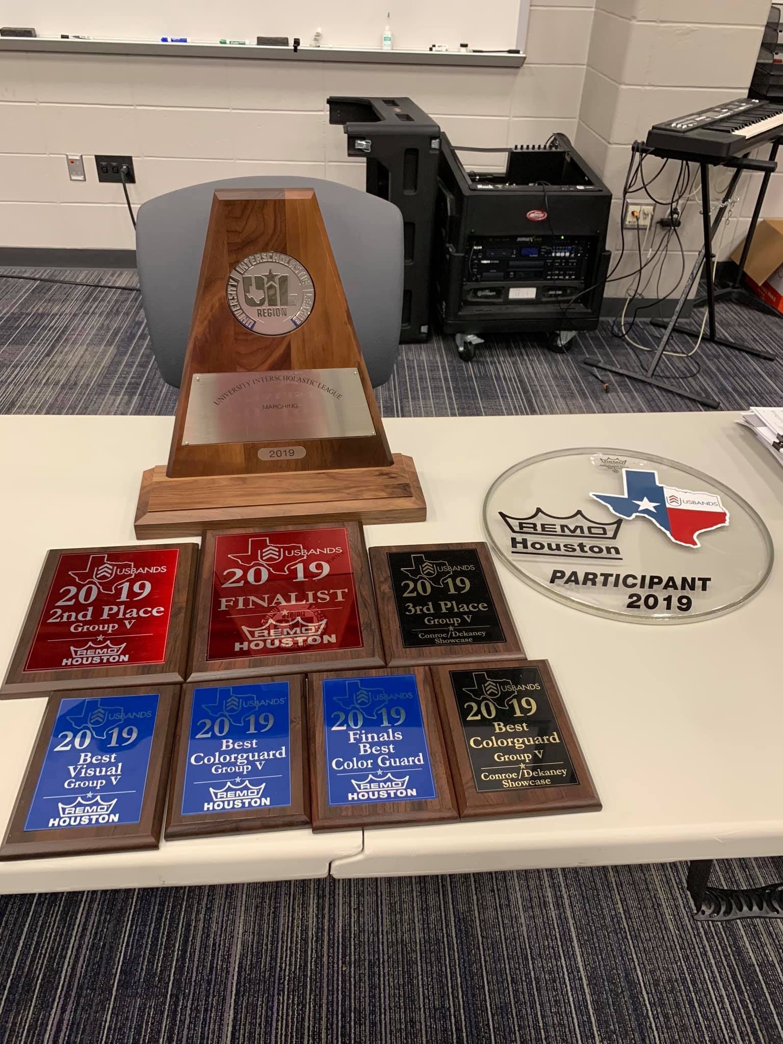 The Trophy's the Klein Cain Band Won during the 2019 marching season. photo by Carolina Valladres