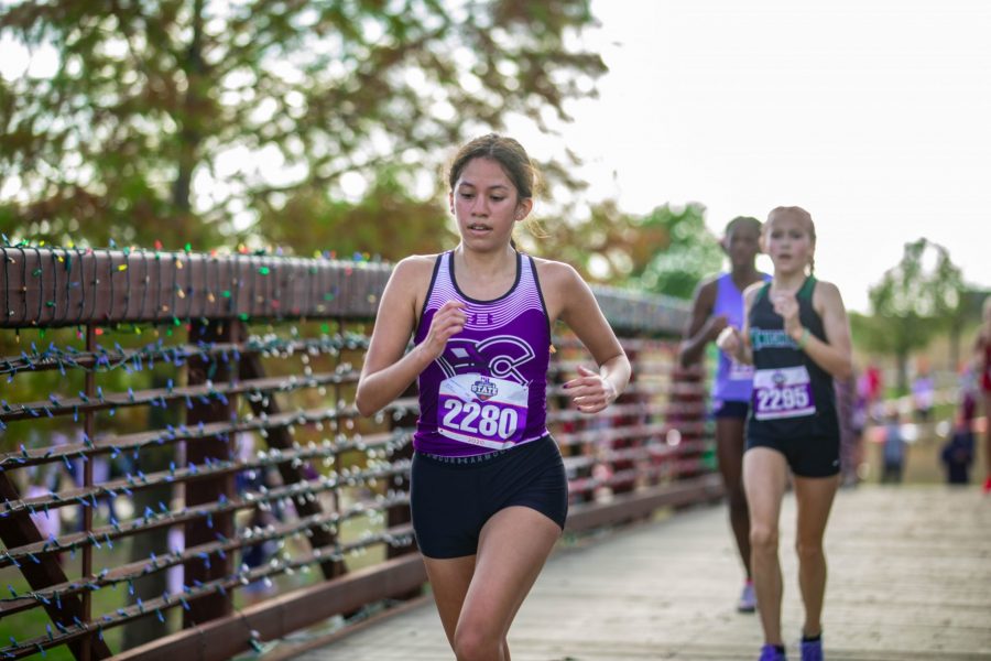 Senior, Isabella Capuchino, pushing through the state meet to help her team finish eighth overall. Photo by: Zoe Rivers