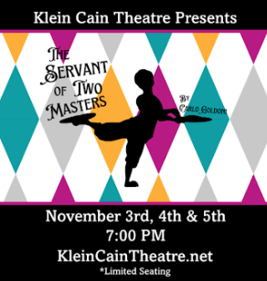 Poster for The Servant of Two Masters, designed by Alyssa Wilson and Grayson Cater